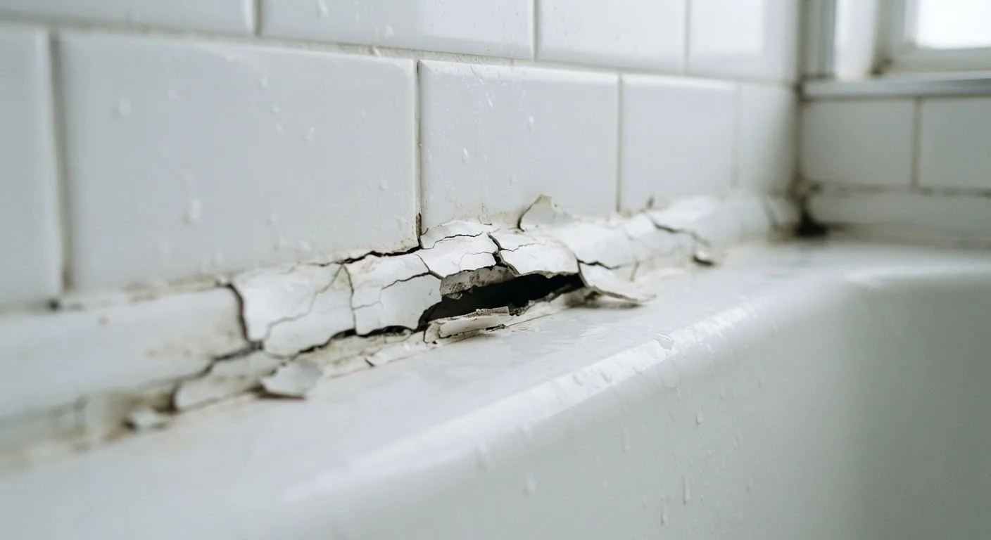 Peeling and cracked white caulk along a bathtub tile edge showing premature failure
