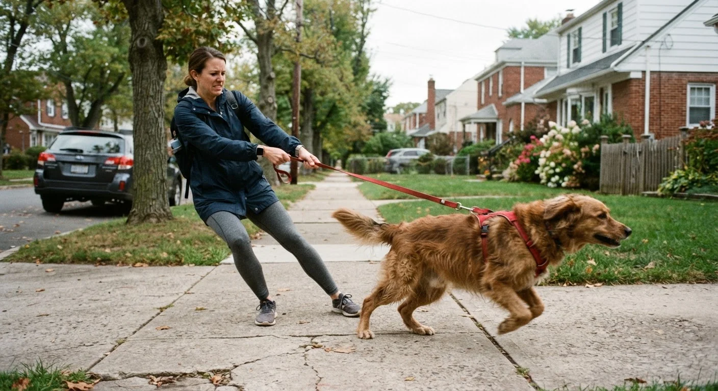 Dog pulling strongly on leash while owner tries to maintain control on a sidewalk