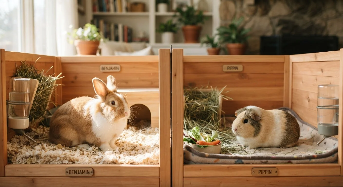 A guinea pig and a rabbit housed in separate enclosures side by side indoors