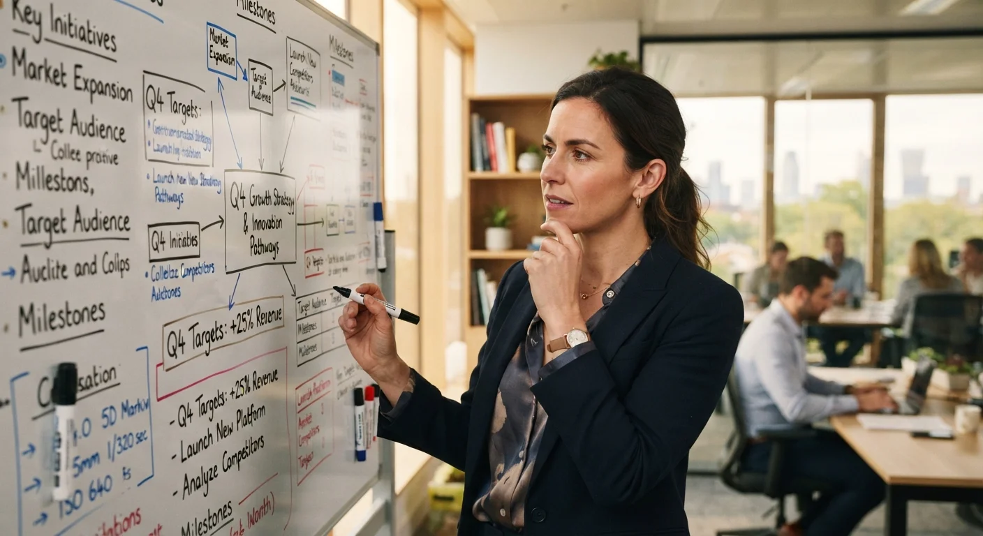 Professional adult reviewing strategic notes on a whiteboard in a modern office environment