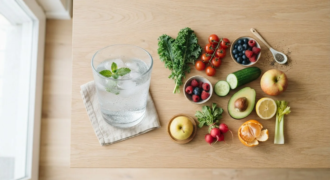 Glass of water surrounded by colorful fresh fruits and vegetables on a wooden surface