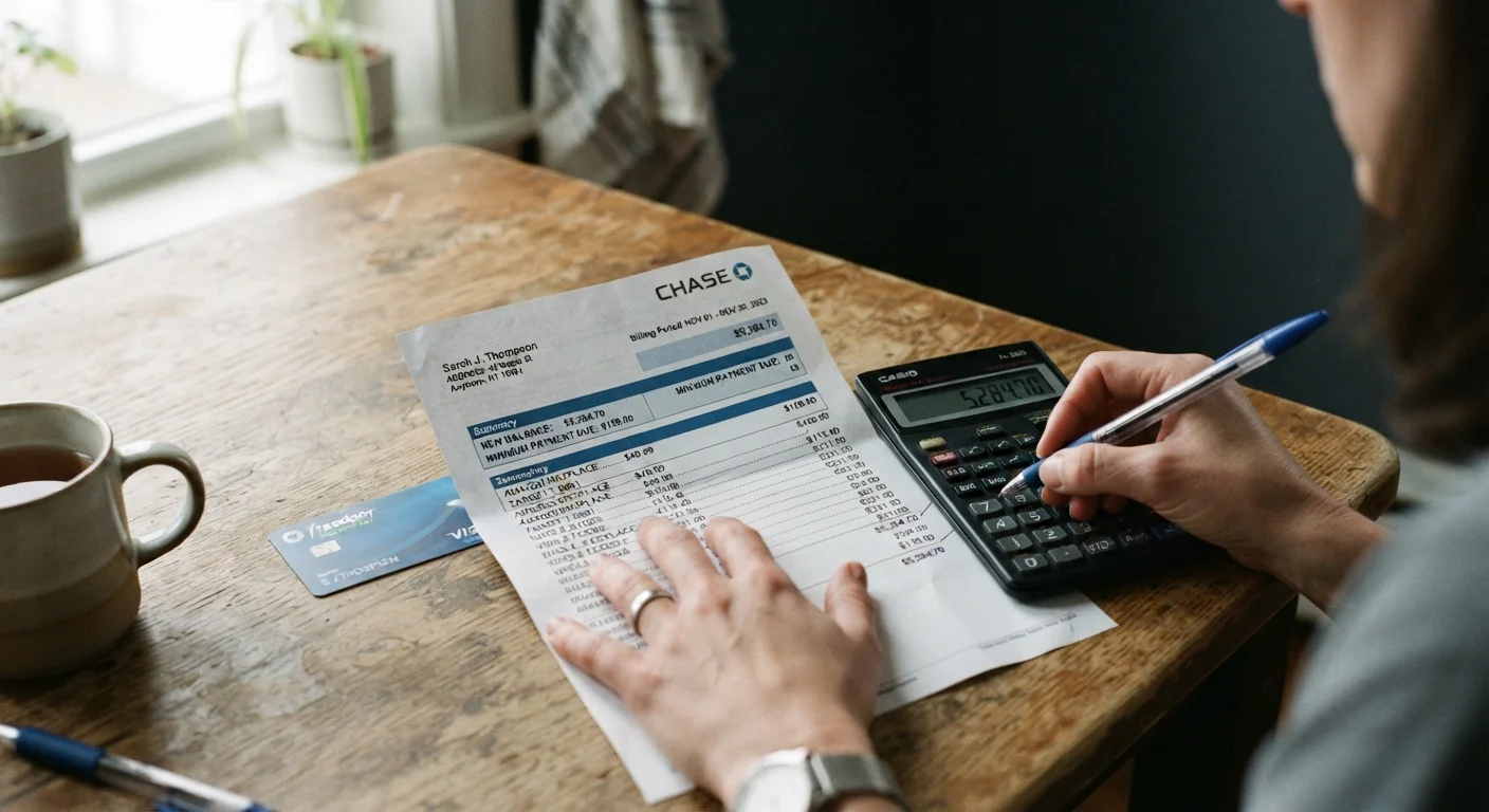 A credit card statement and calculator on a table illustrating minimum payment debt cycle.