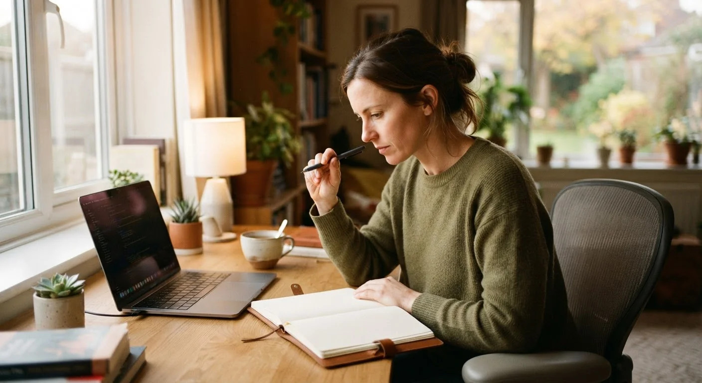 Adult learner sitting at a desk with notebook and laptop, appearing thoughtful and motivated