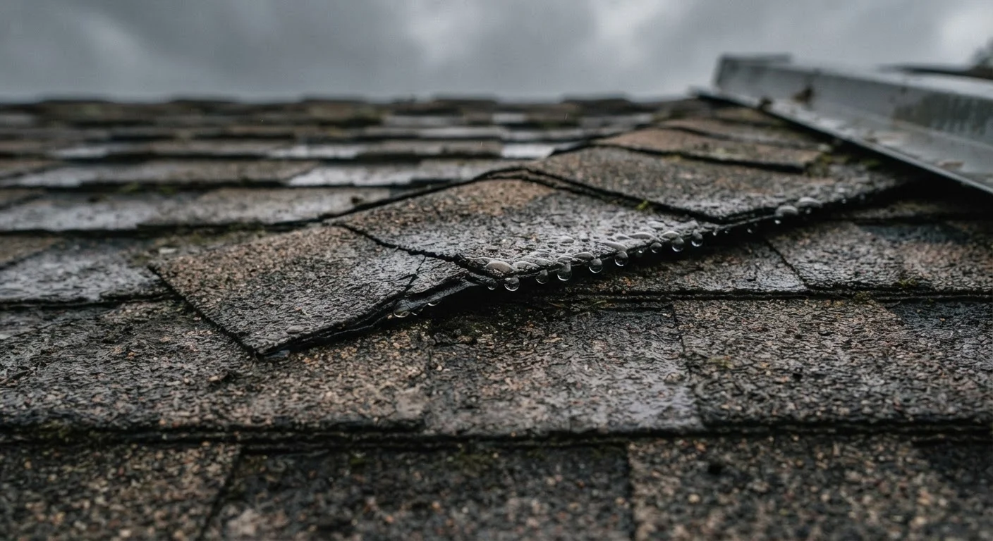 Close-up of a cracked roof shingle with visible water intrusion and moisture damage