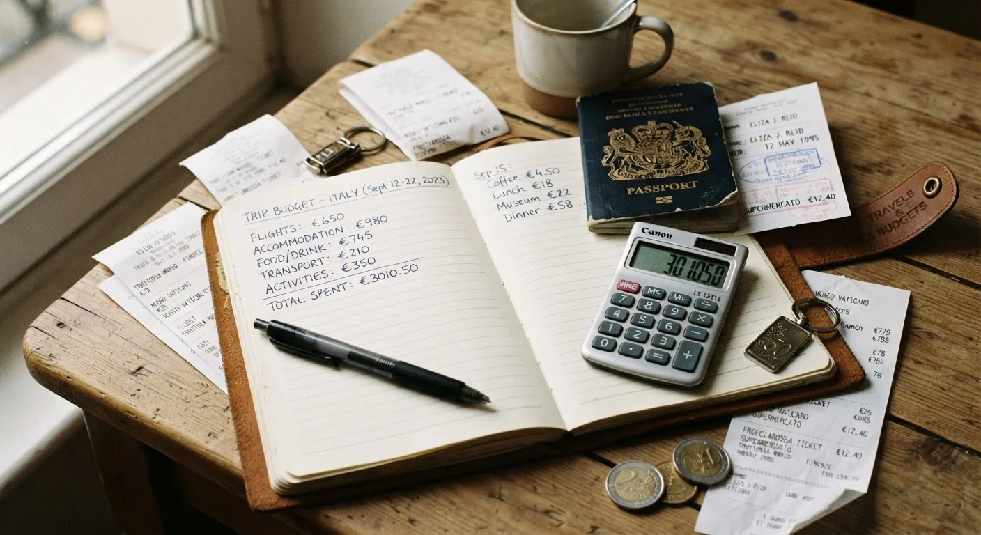 Travel journal with budget notes, receipts, and a passport spread on a wooden table