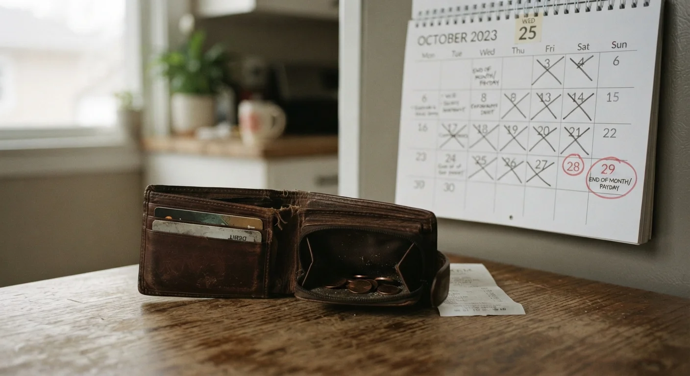 Empty wallet lying open on a table next to a calendar showing end of month