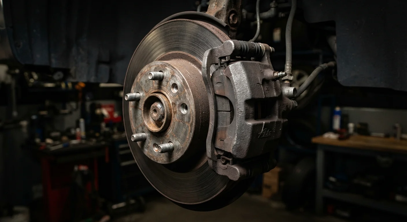 Close-up view of a car disc brake rotor and caliper with visible brake pad wear