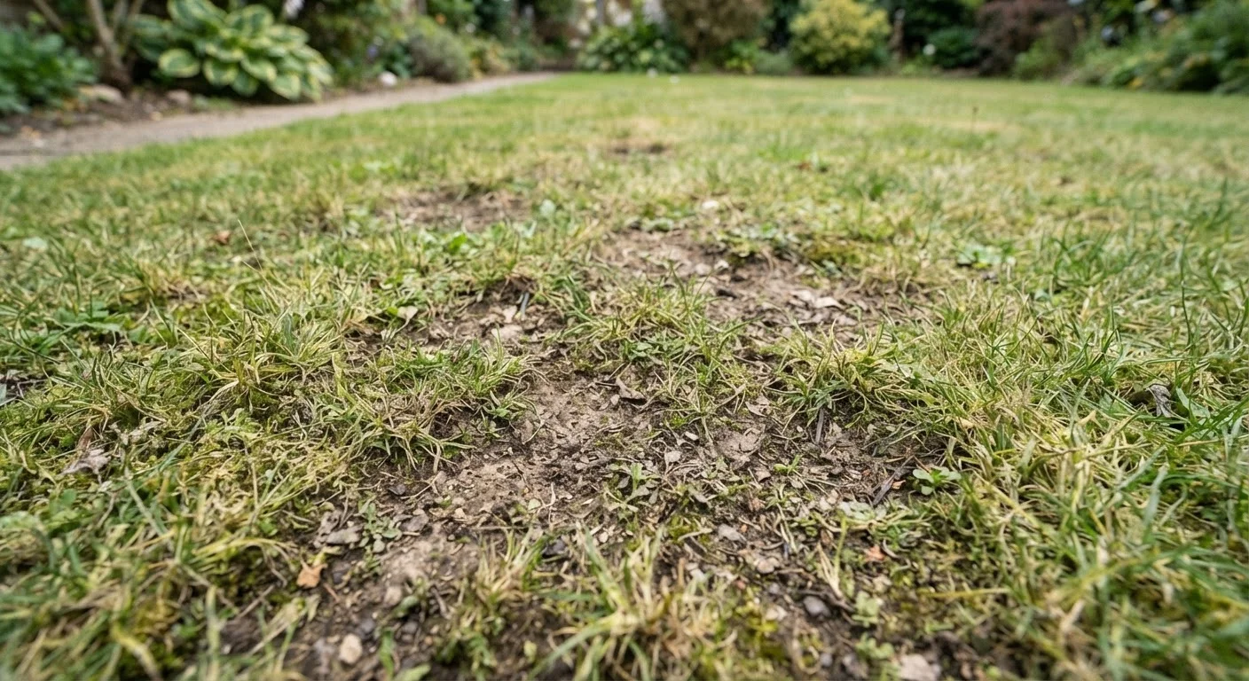 A patchy lawn with uneven grass growth and bare soil spots after reseeding