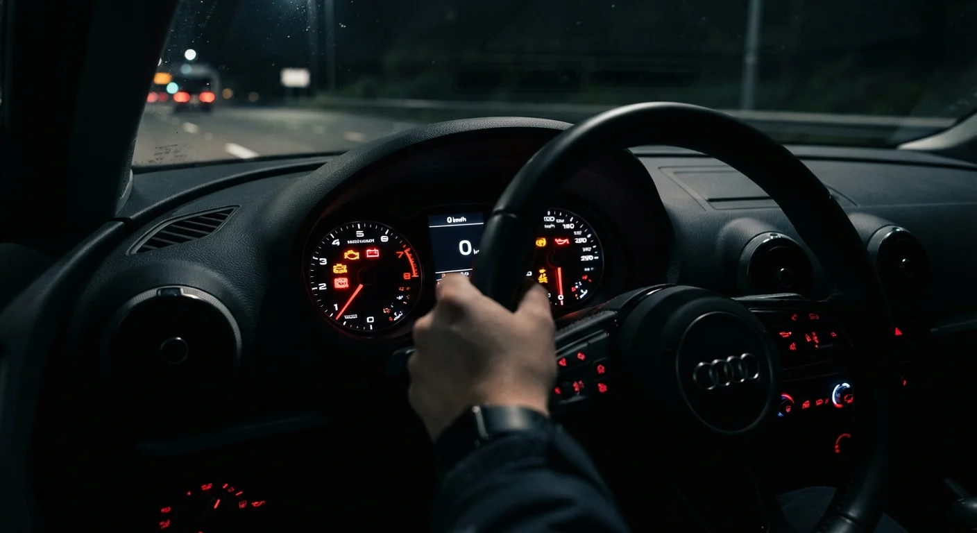Car dashboard displaying multiple illuminated warning lights in amber and red at night