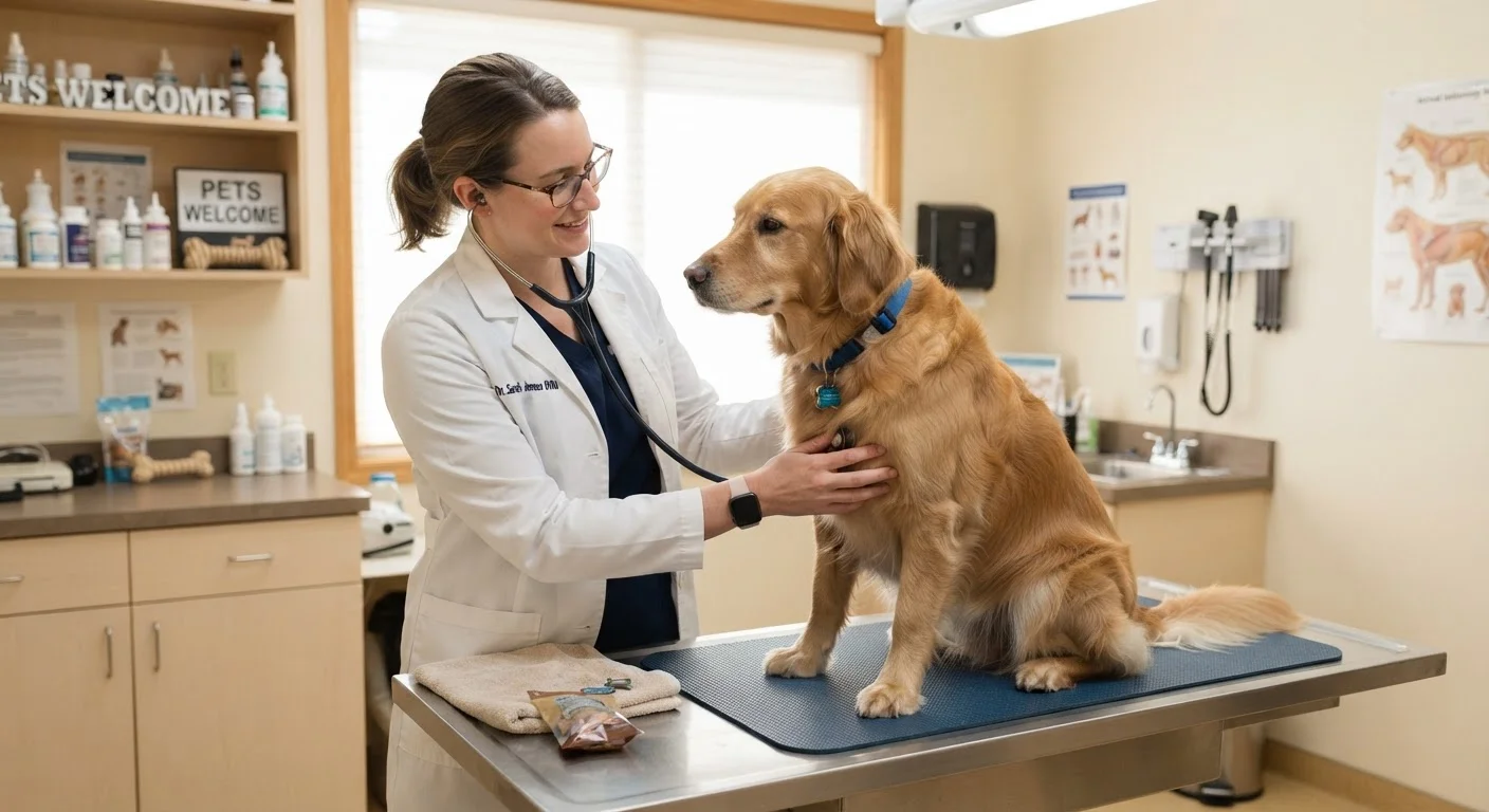 A veterinarian performing a routine wellness exam on a golden retriever in an examination room.