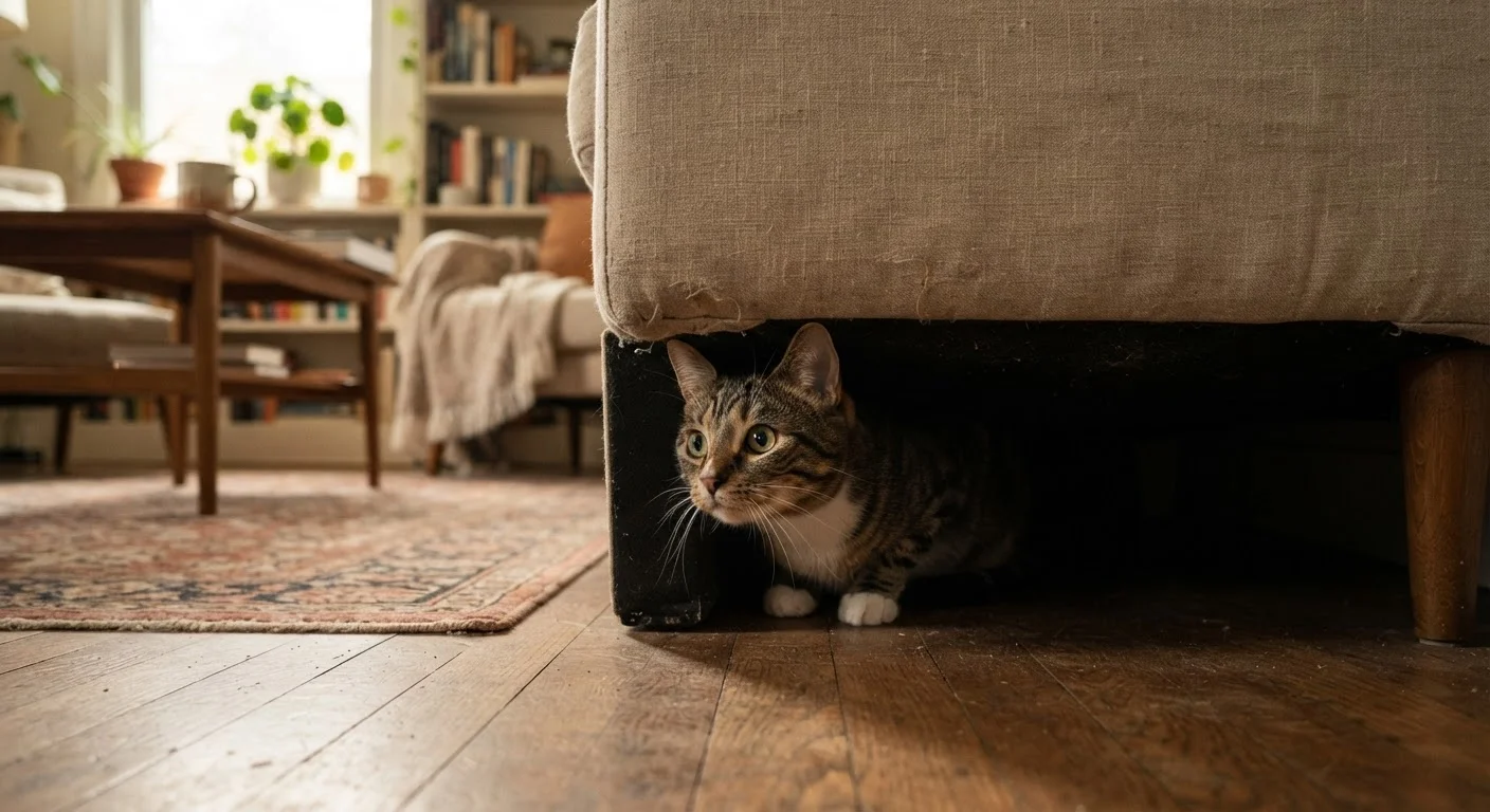 A tabby cat cautiously peeking out from under a sofa in a sunlit living room