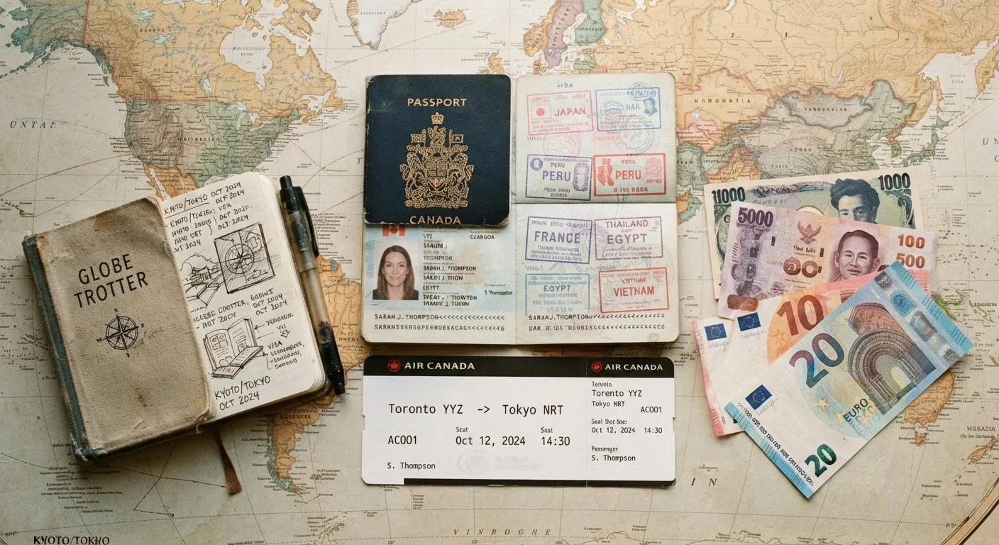 Open passport on a world map with boarding pass, foreign currency, and travel notebook