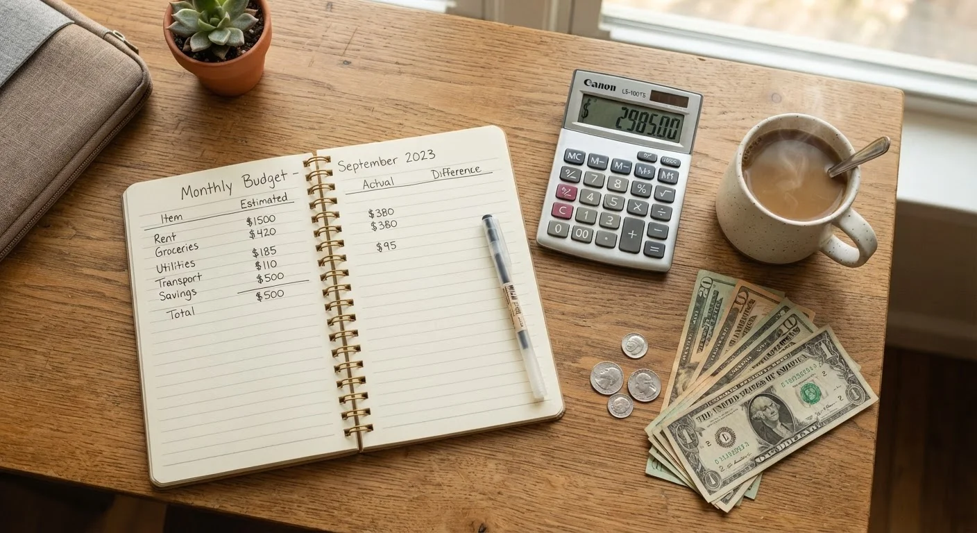 Overhead view of a notebook with a handwritten monthly budget, calculator, and coffee on a wooden desk